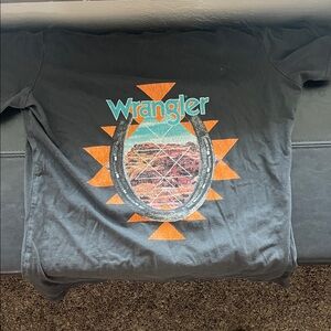 Wrangler Black Tee with Orange and Blue Graphic